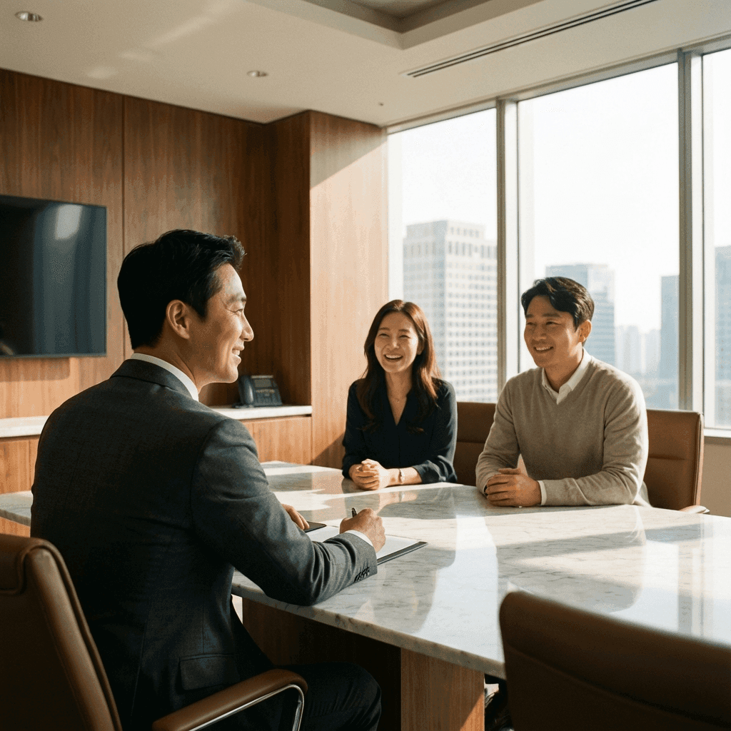 Legal expert consulting happily with clients in a premium office