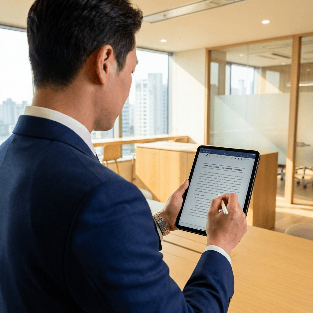 Legal expert in navy suit with tablet