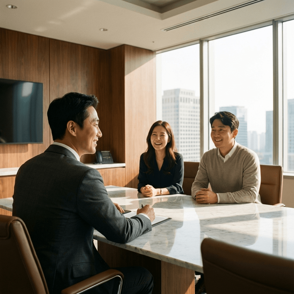 Legal expert consulting happily with clients in a premium office